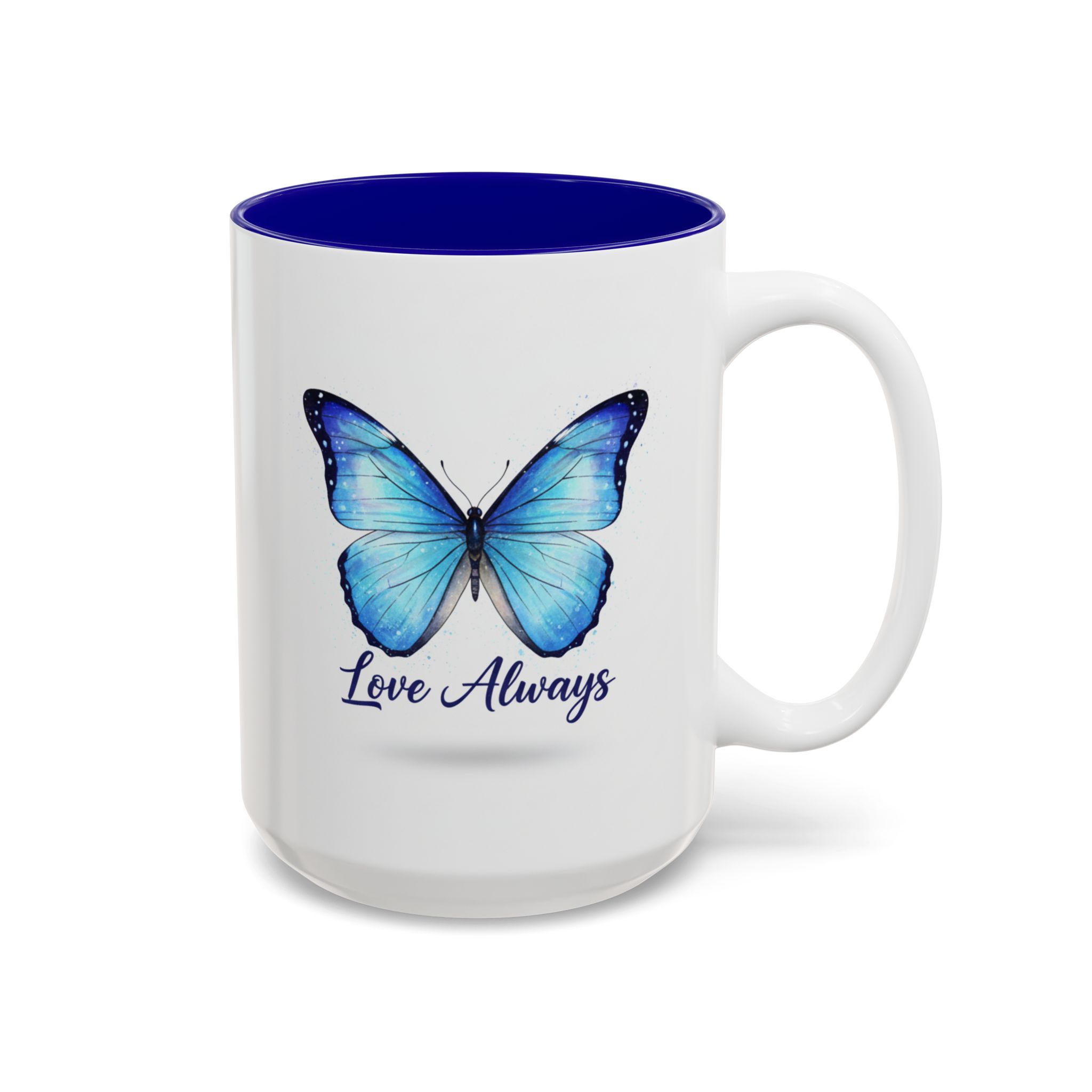 Blue Butterfly Accent Mug — Inspirational 'Love' Ceramic Coffee Cup (15oz)