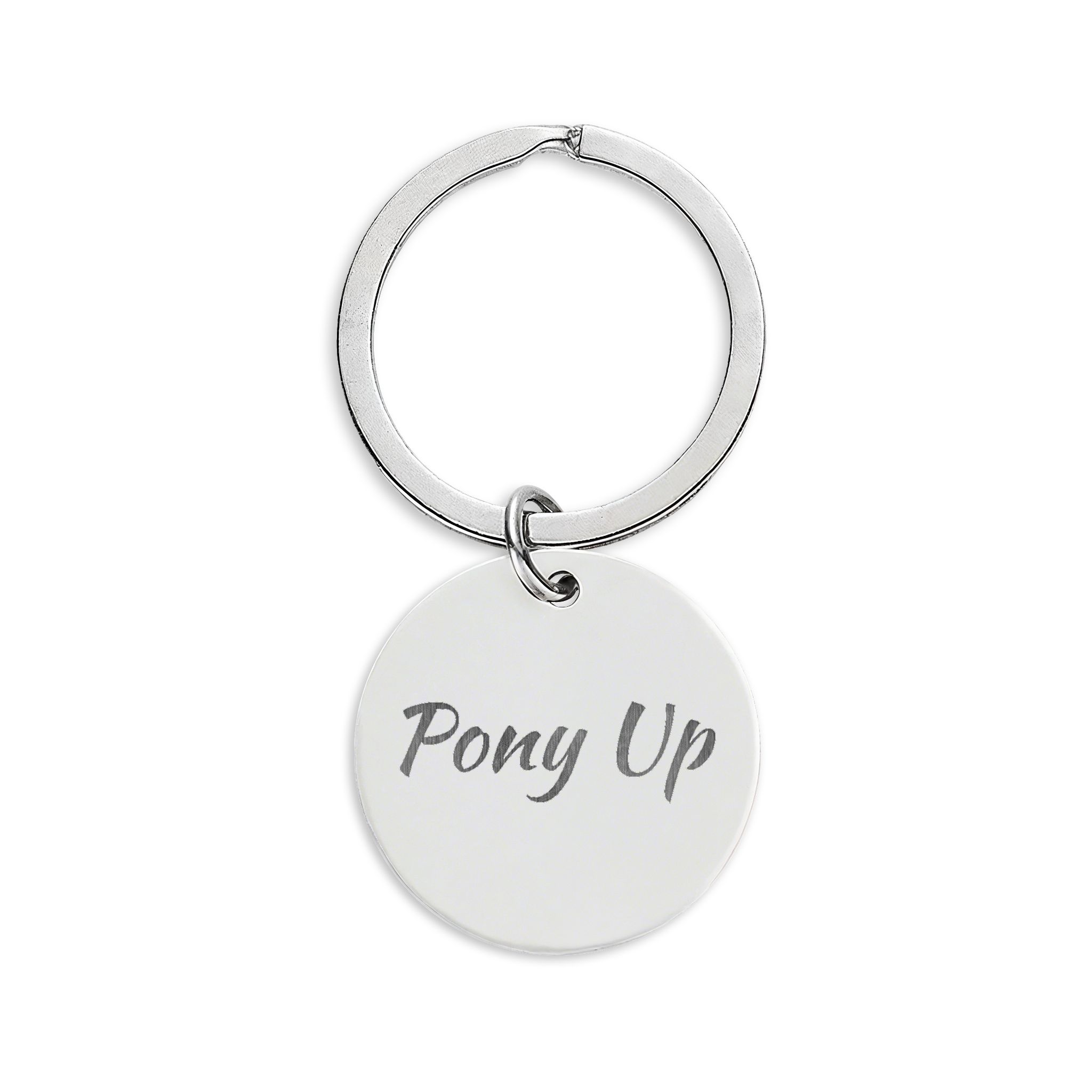 Engraved Stainless Steel Round Keychain — 'Pony Up' with Running Horse