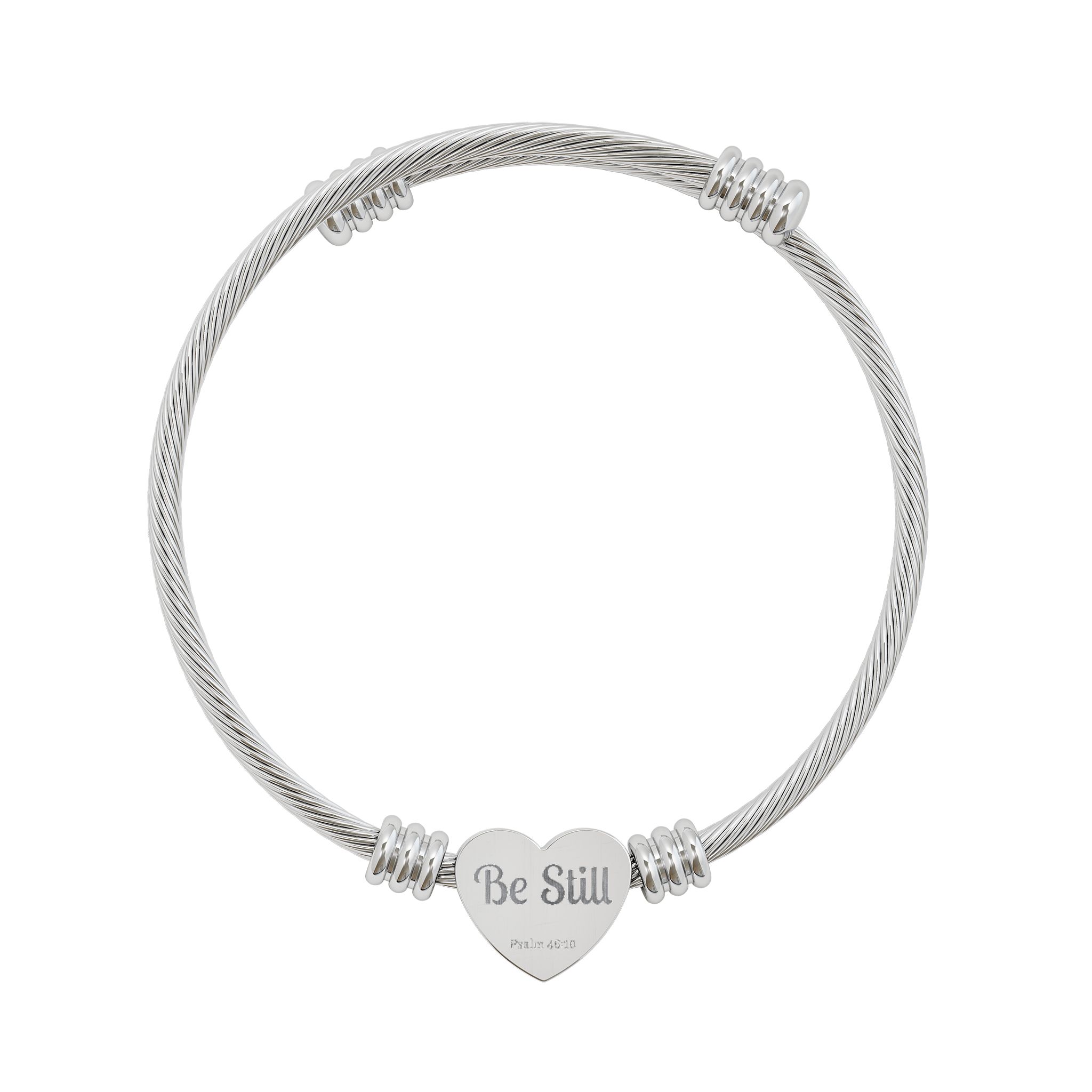 Engravable Heart Cuff Bracelet — "Be Still" Psalm 46:10 Cable Wire Bangle (Silver & Gold) - Image 2