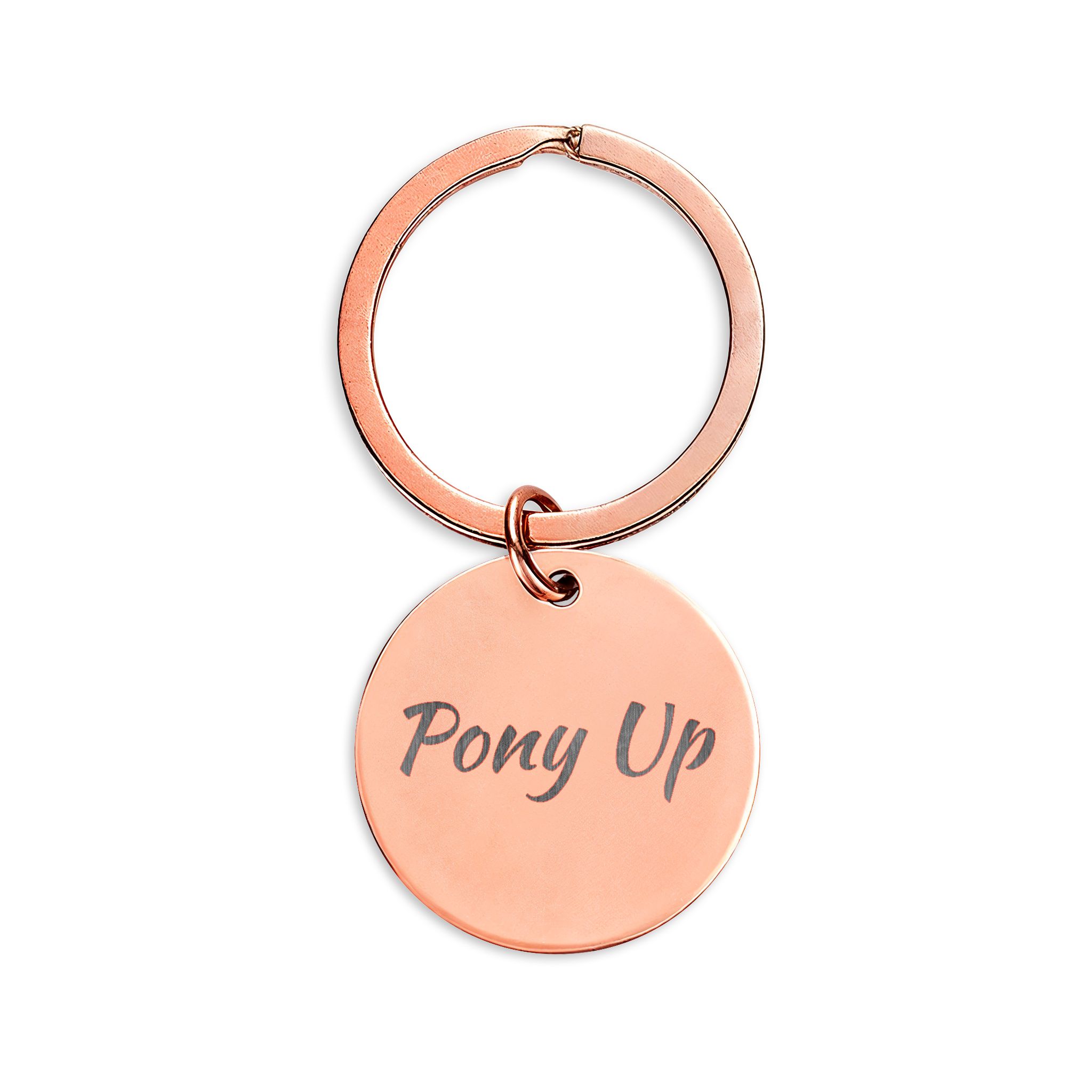 Engraved Stainless Steel Round Keychain — 'Pony Up' with Running Horse - Image 3