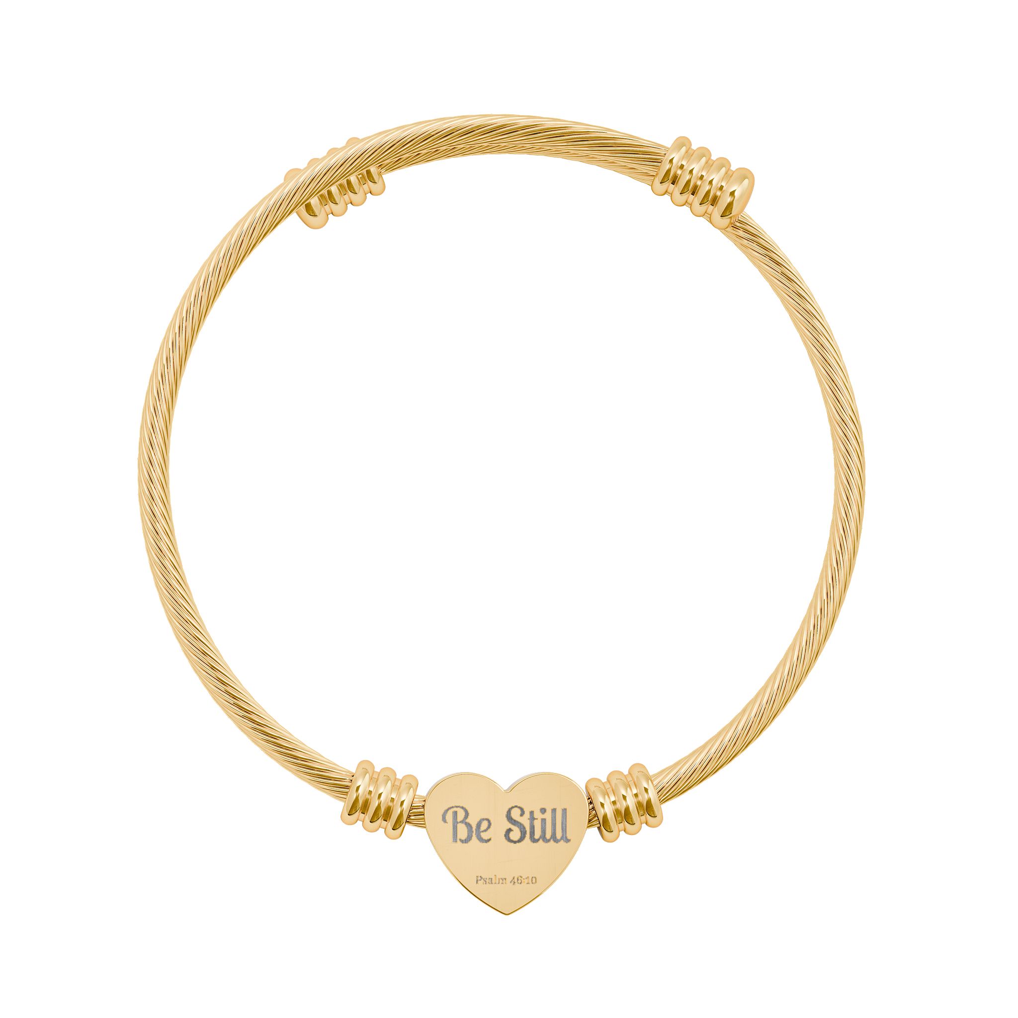 Engravable Heart Cuff Bracelet — "Be Still" Psalm 46:10 Cable Wire Bangle (Silver & Gold)