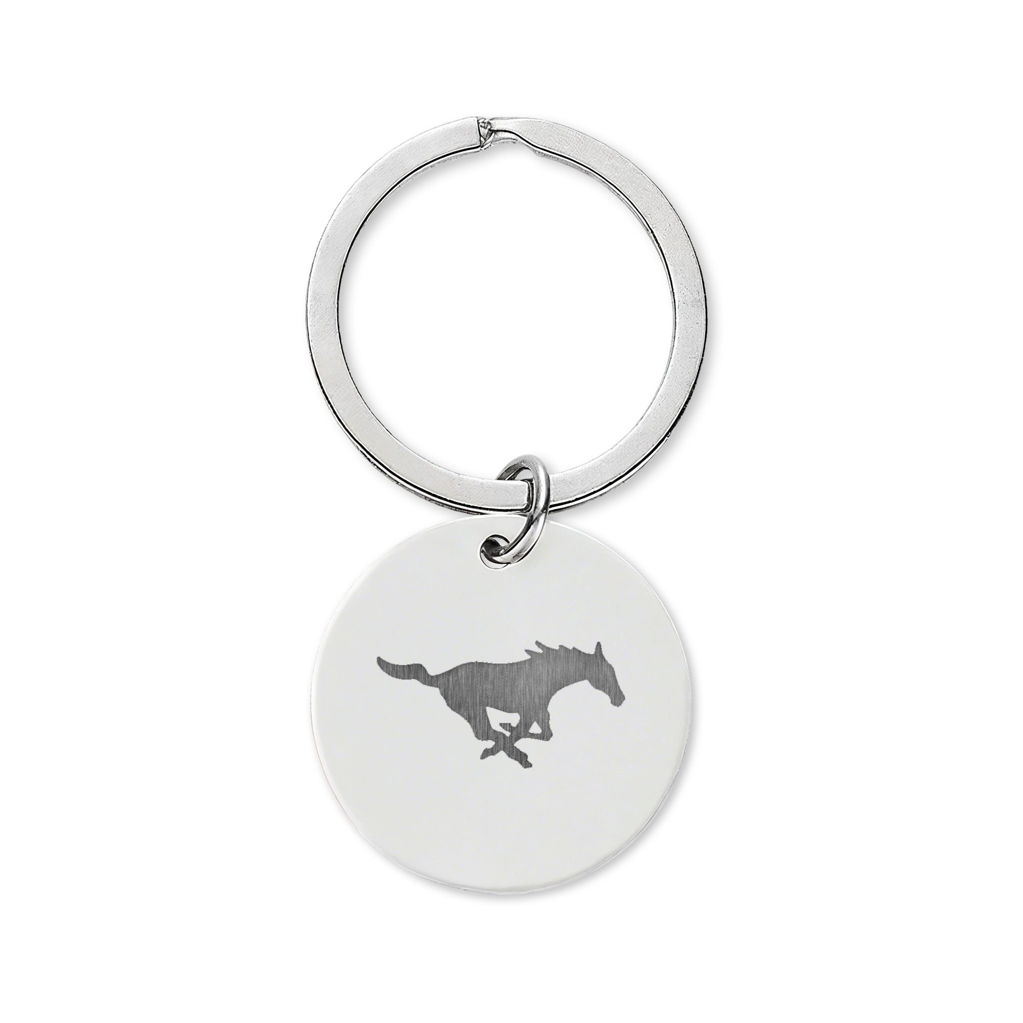 Engraved Stainless Steel Round Keychain — 'Pony Up' with Running Horse - Image 2