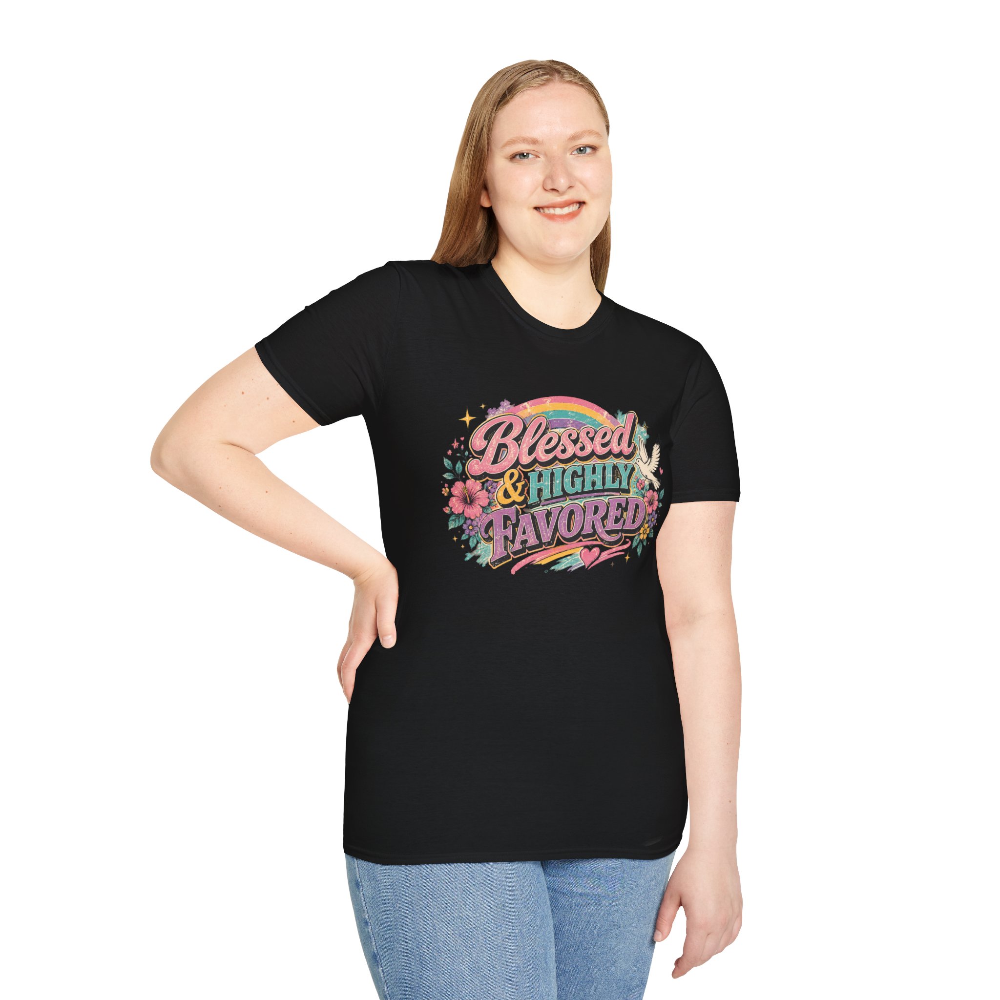 Blessed & Highly Favored T-Shirt — Floral Rainbow Christian Faith Tee - Image 6