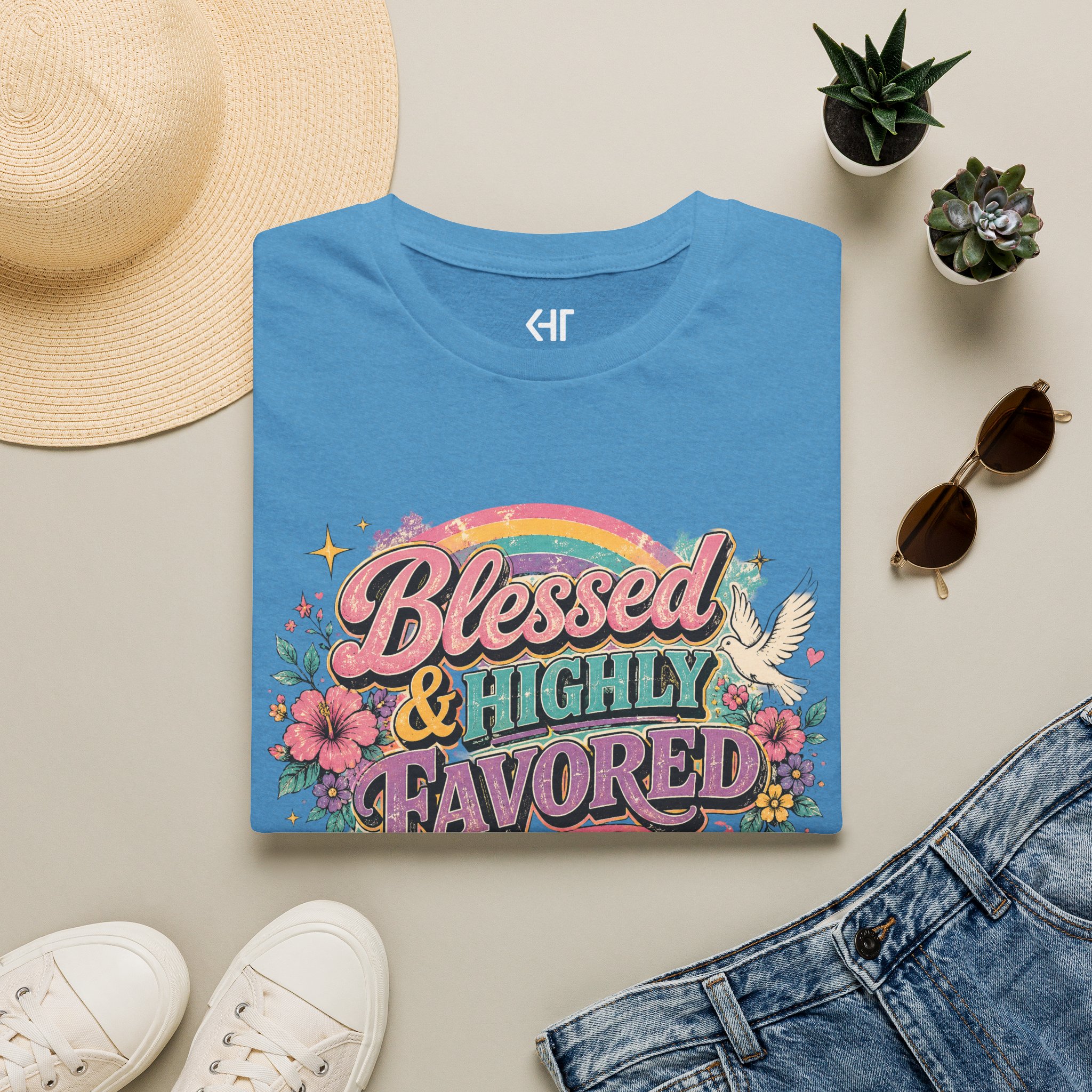 Blessed & Highly Favored T-Shirt — Floral Rainbow Christian Faith Tee - Image 17