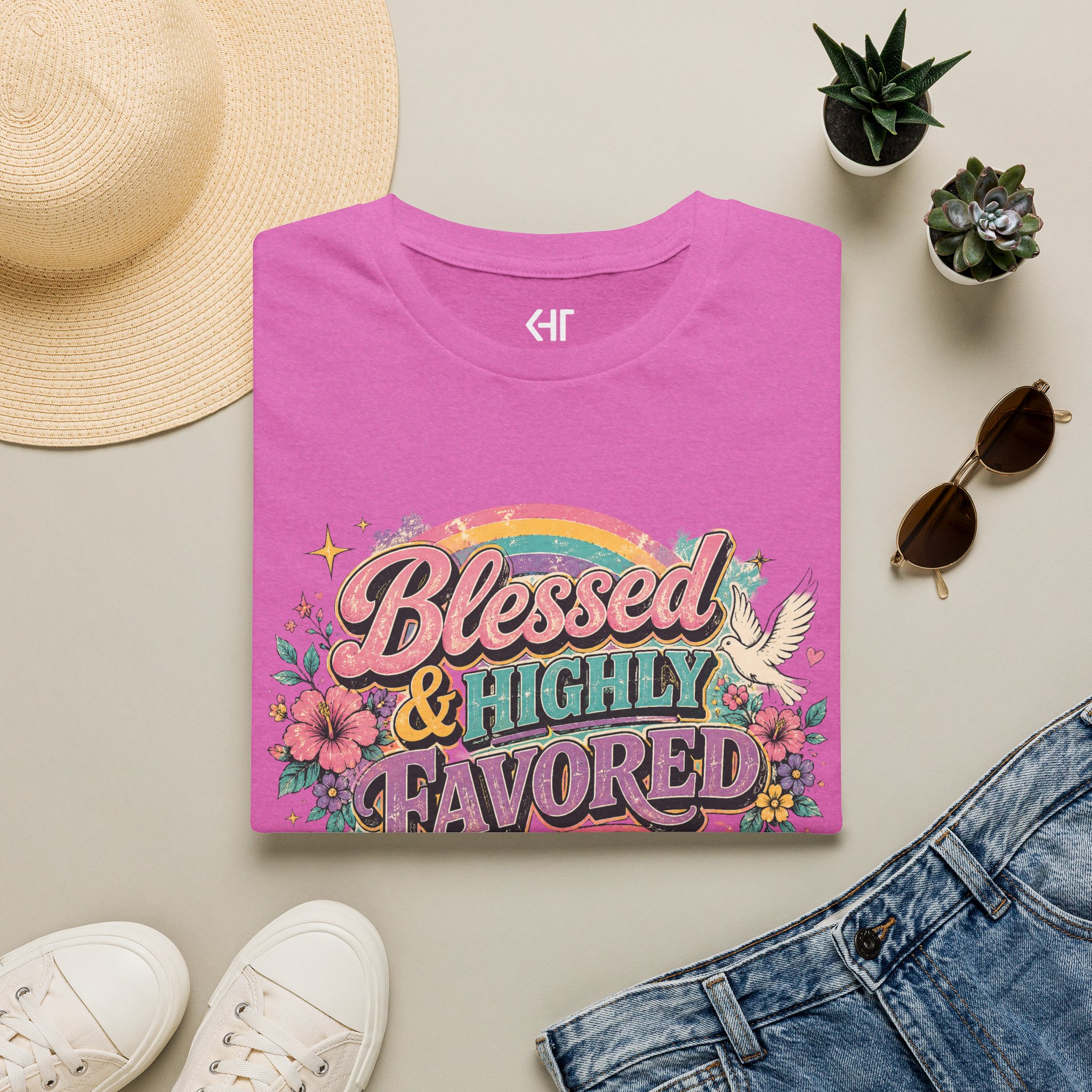 Blessed & Highly Favored T-Shirt — Floral Rainbow Christian Faith Tee - Image 41