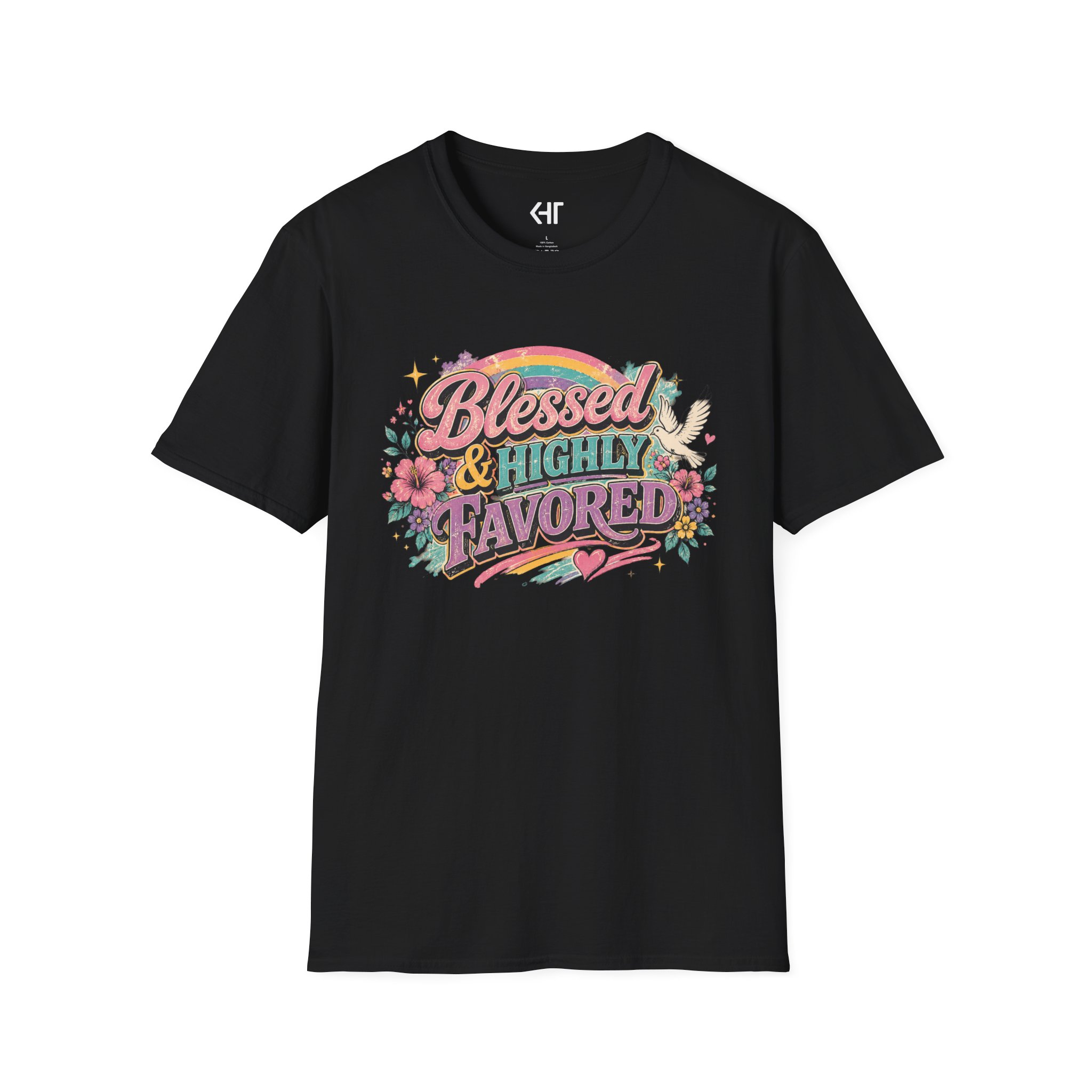 Blessed & Highly Favored T-Shirt — Floral Rainbow Christian Faith Tee - Image 3