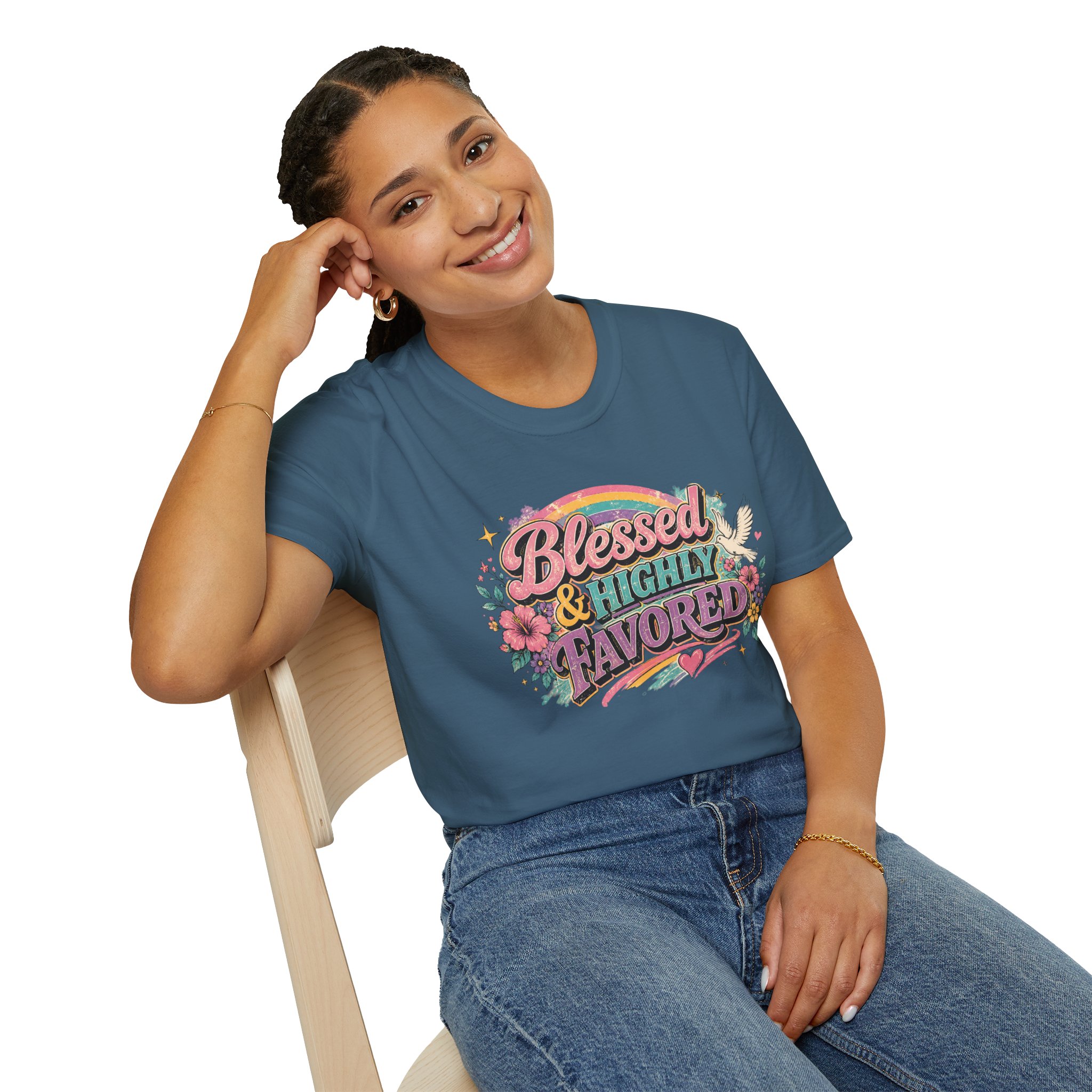 Blessed & Highly Favored T-Shirt — Floral Rainbow Christian Faith Tee - Image 32
