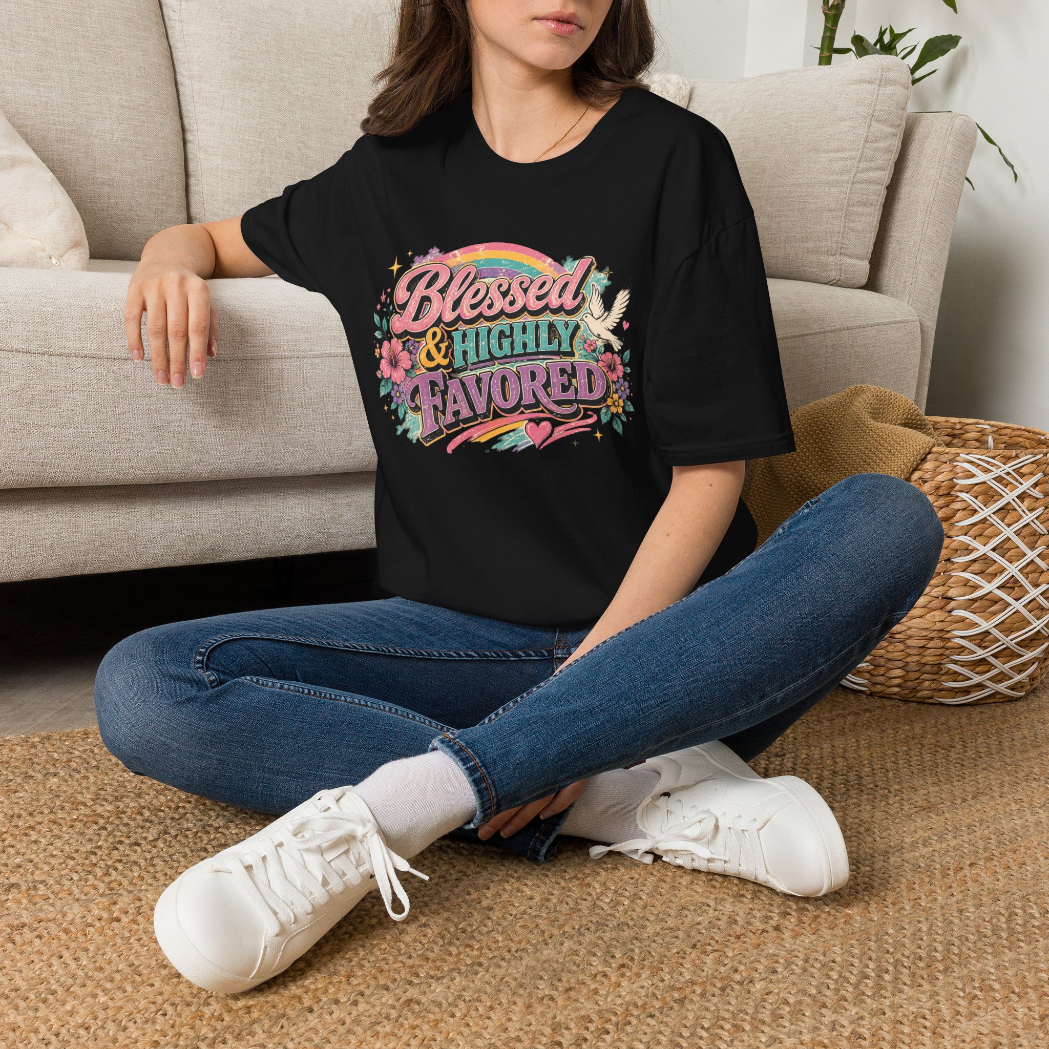 Blessed & Highly Favored T-Shirt — Floral Rainbow Christian Faith Tee - Image 2