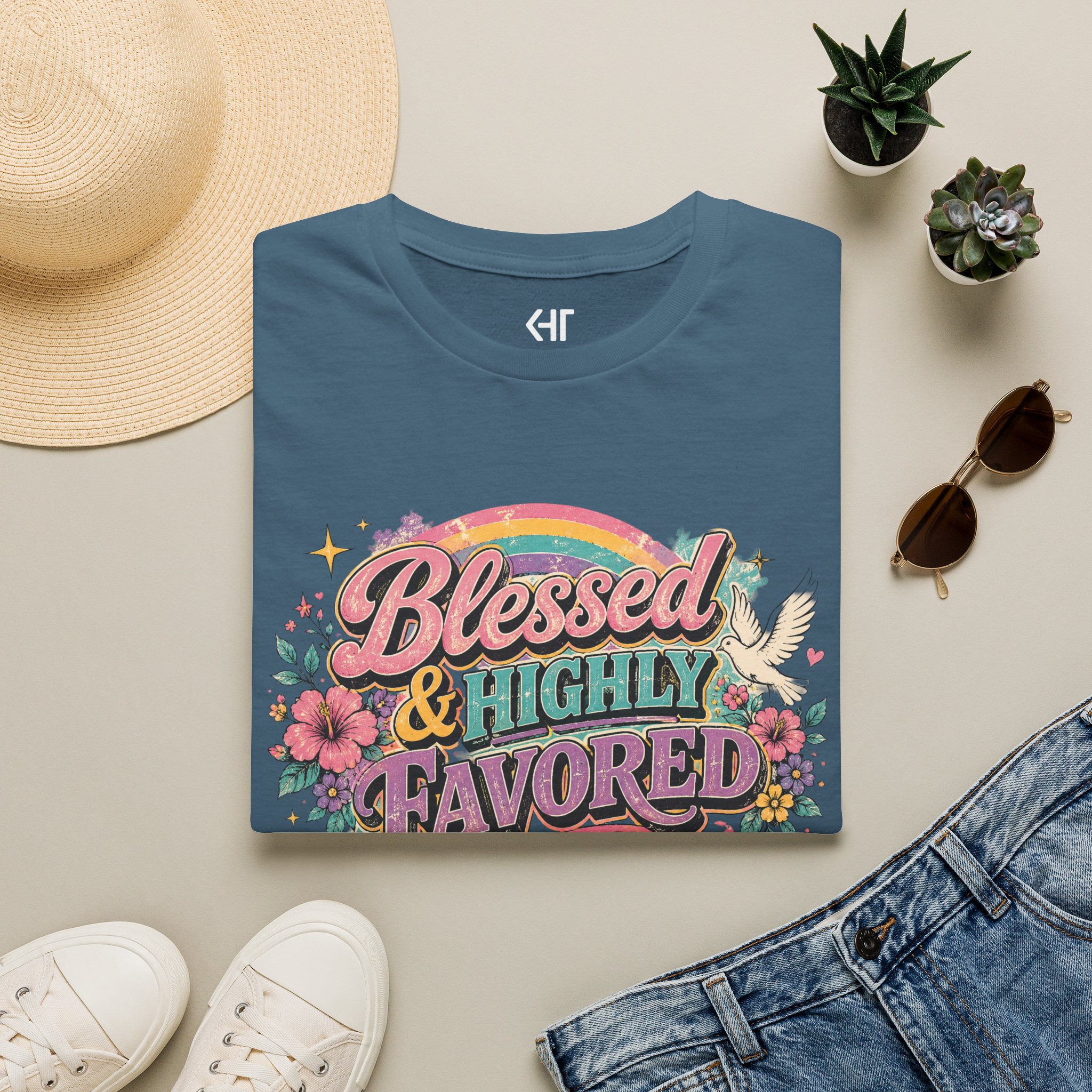 Blessed & Highly Favored T-Shirt — Floral Rainbow Christian Faith Tee - Image 25