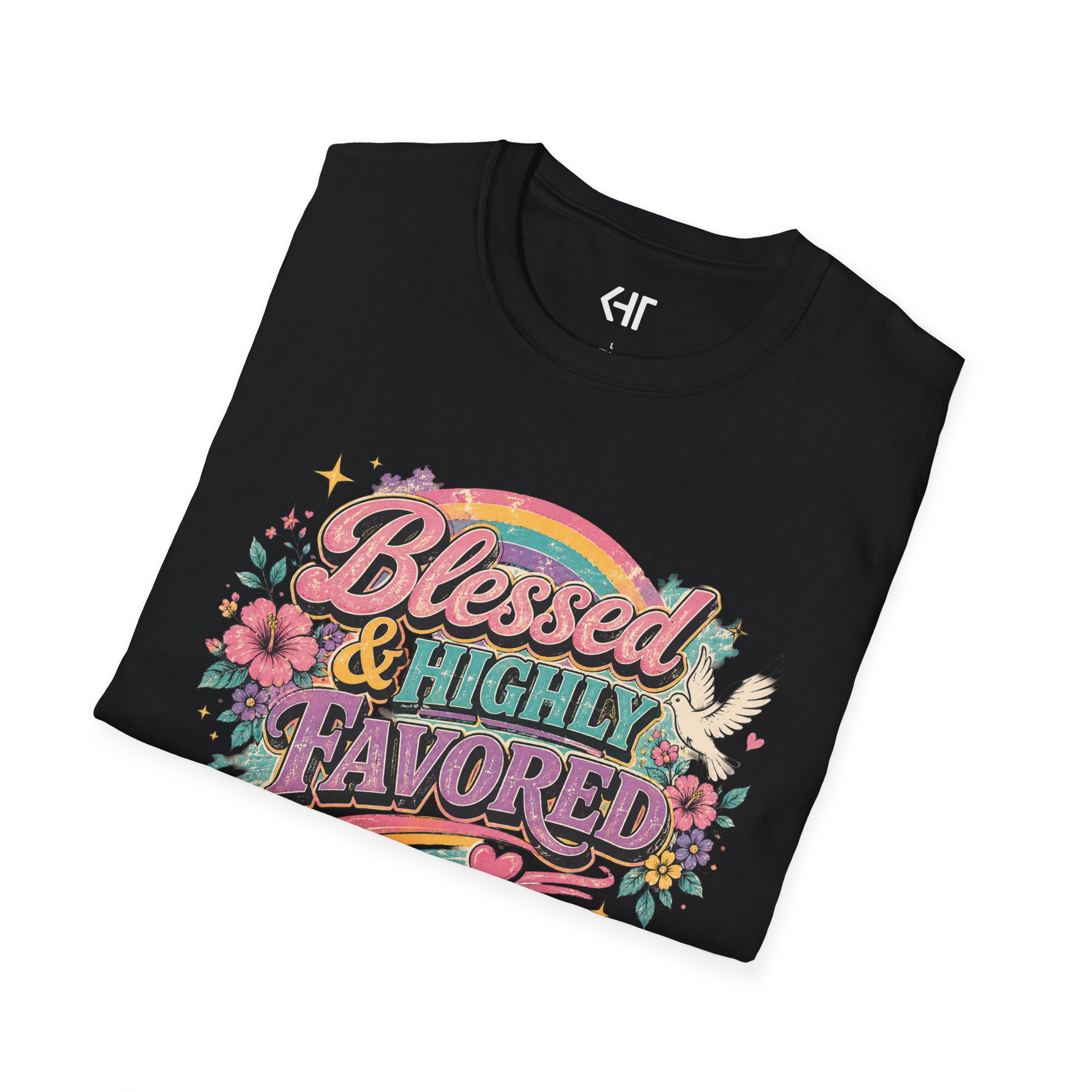 Blessed & Highly Favored T-Shirt — Floral Rainbow Christian Faith Tee - Image 5