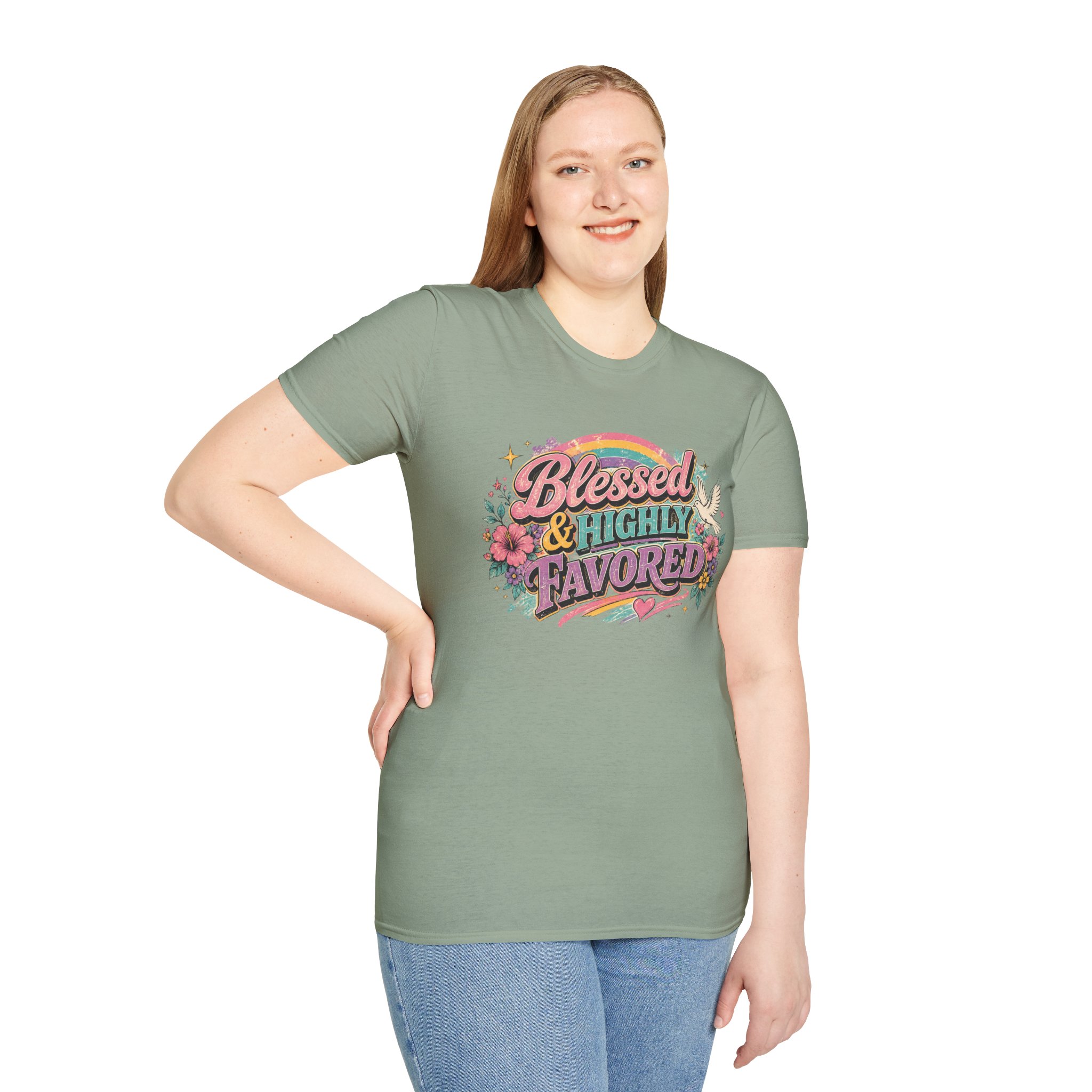 Blessed & Highly Favored T-Shirt — Floral Rainbow Christian Faith Tee - Image 14