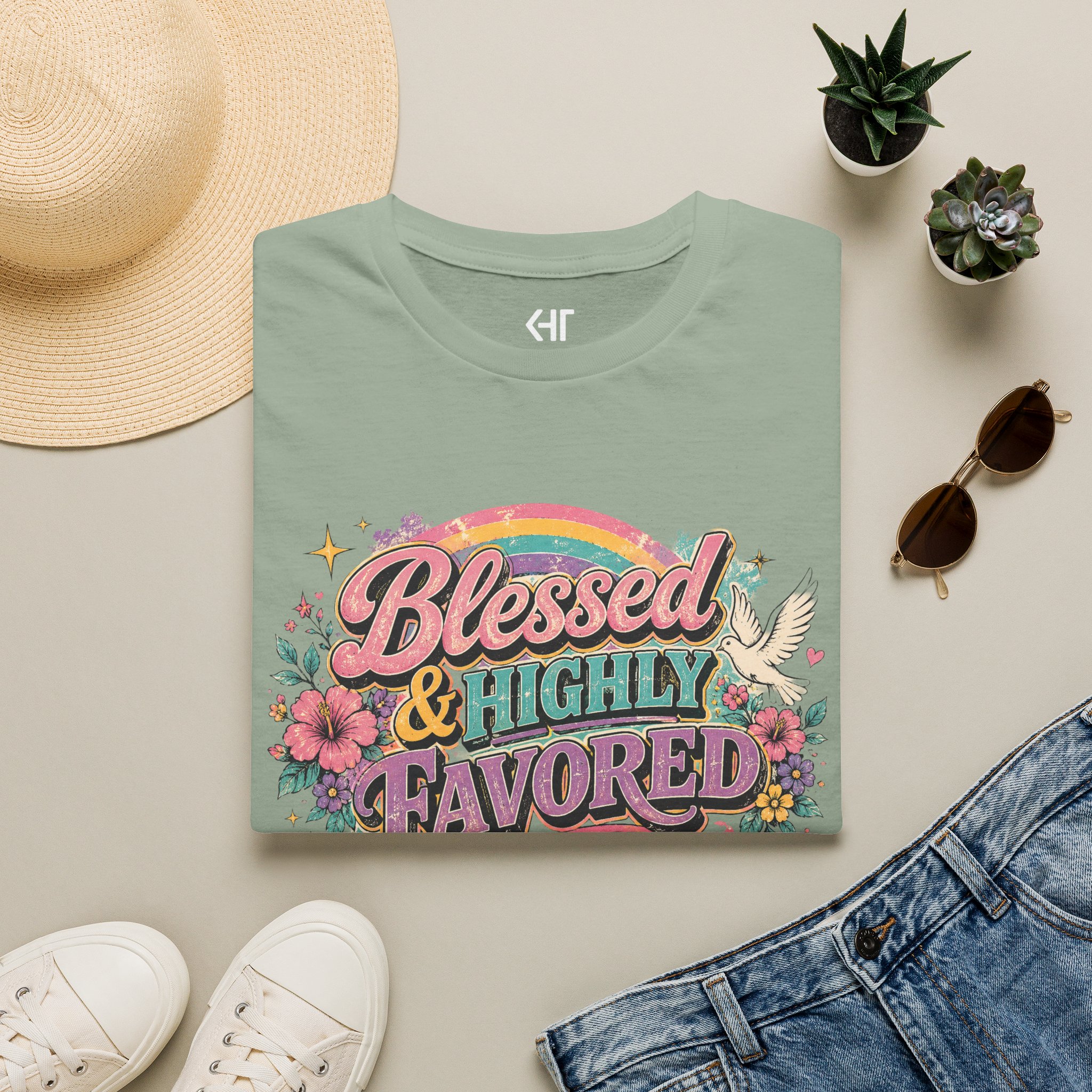 Blessed & Highly Favored T-Shirt — Floral Rainbow Christian Faith Tee - Image 9