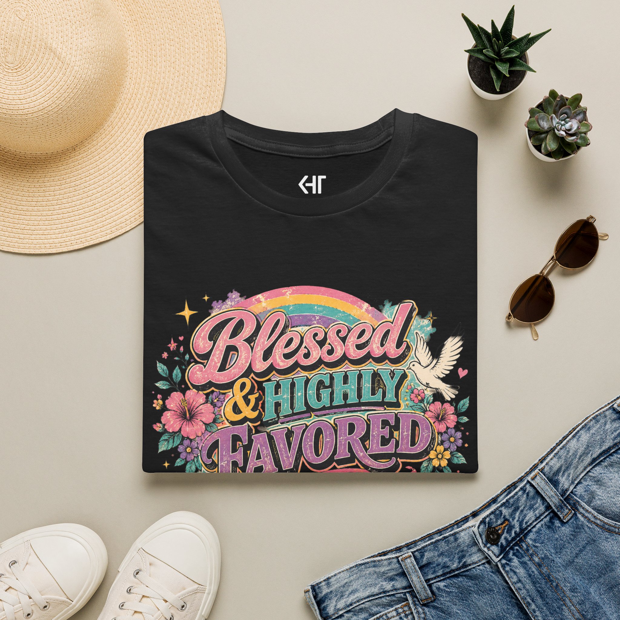 Blessed & Highly Favored T-Shirt — Floral Rainbow Christian Faith Tee