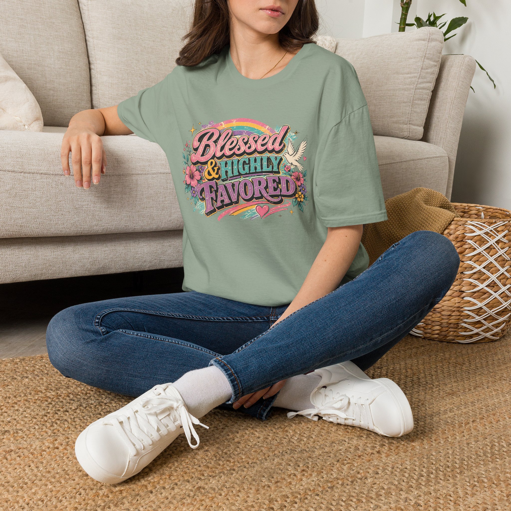 Blessed & Highly Favored T-Shirt — Floral Rainbow Christian Faith Tee - Image 10