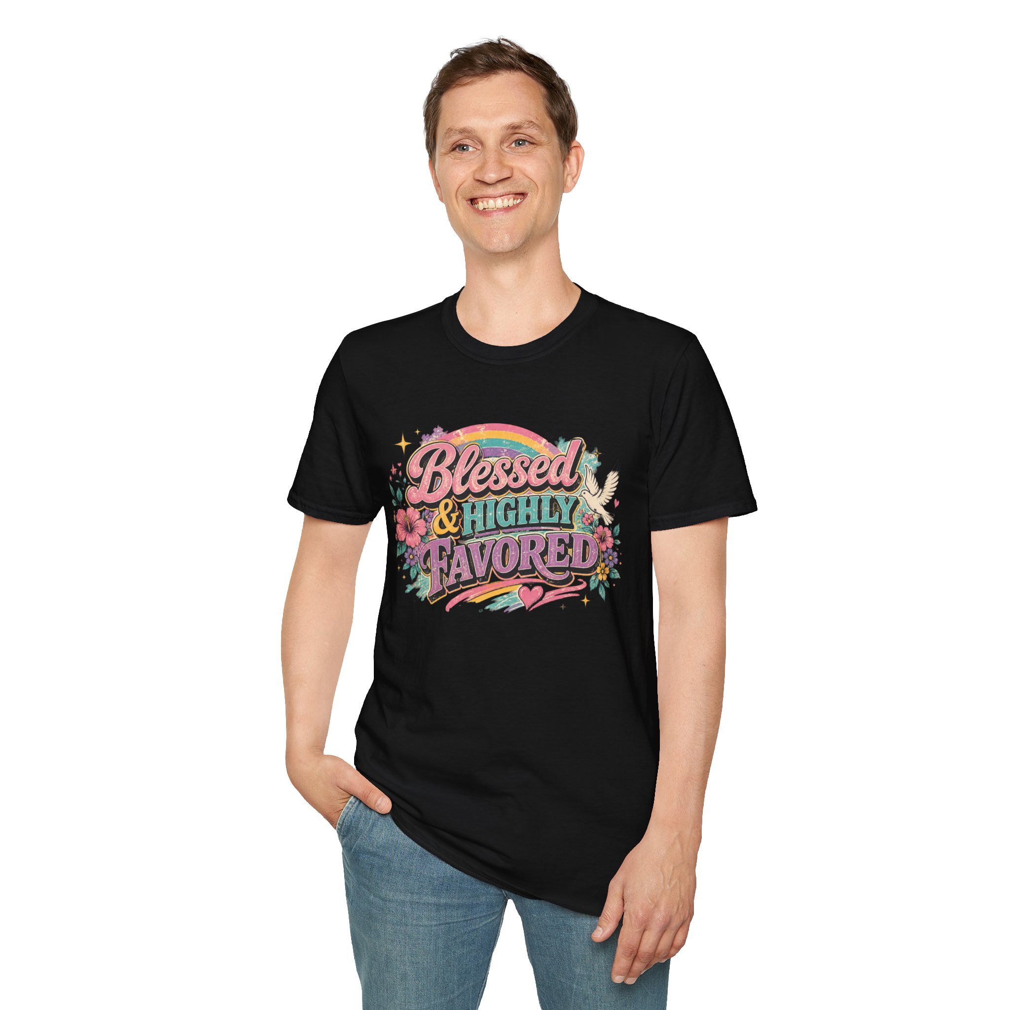 Blessed & Highly Favored T-Shirt — Floral Rainbow Christian Faith Tee - Image 7