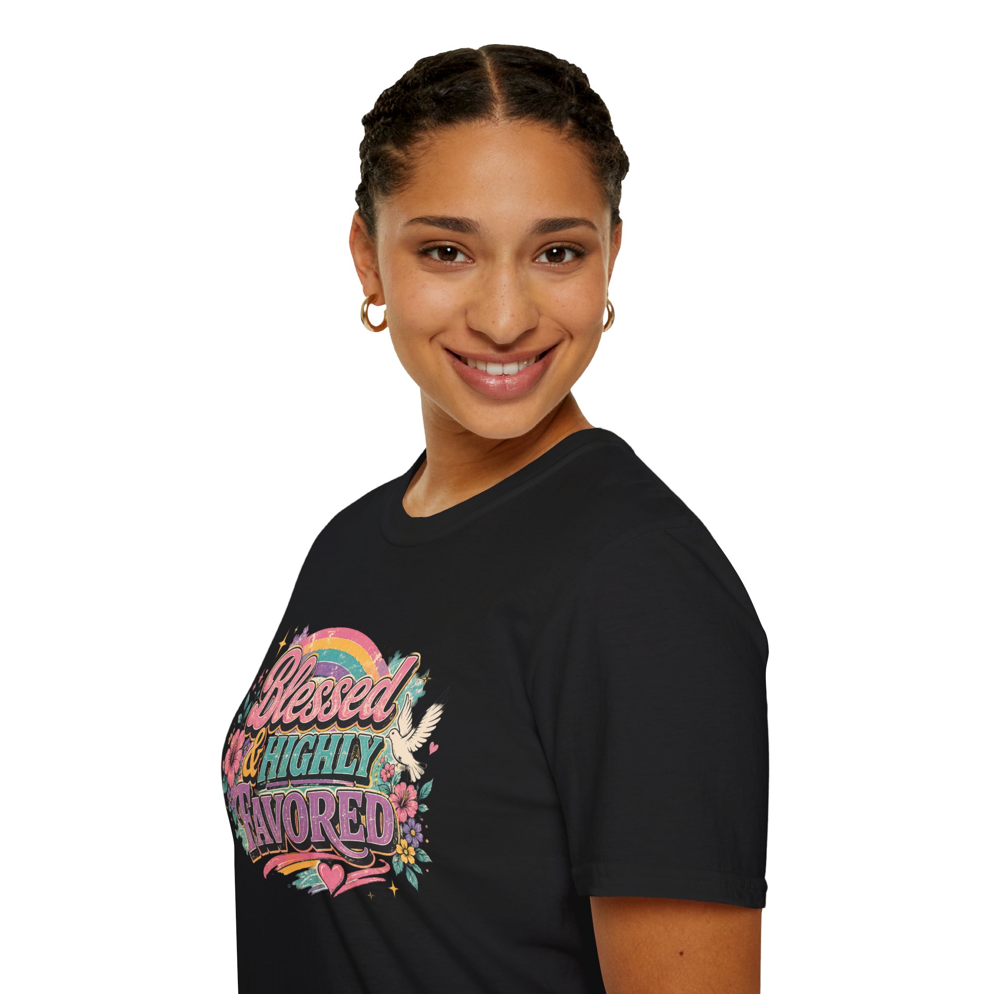Blessed & Highly Favored T-Shirt — Floral Rainbow Christian Faith Tee - Image 8
