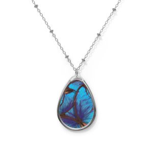 Blue Butterfly Wing Oval Pendant Necklace — Silver Teardrop Locket Jewelry